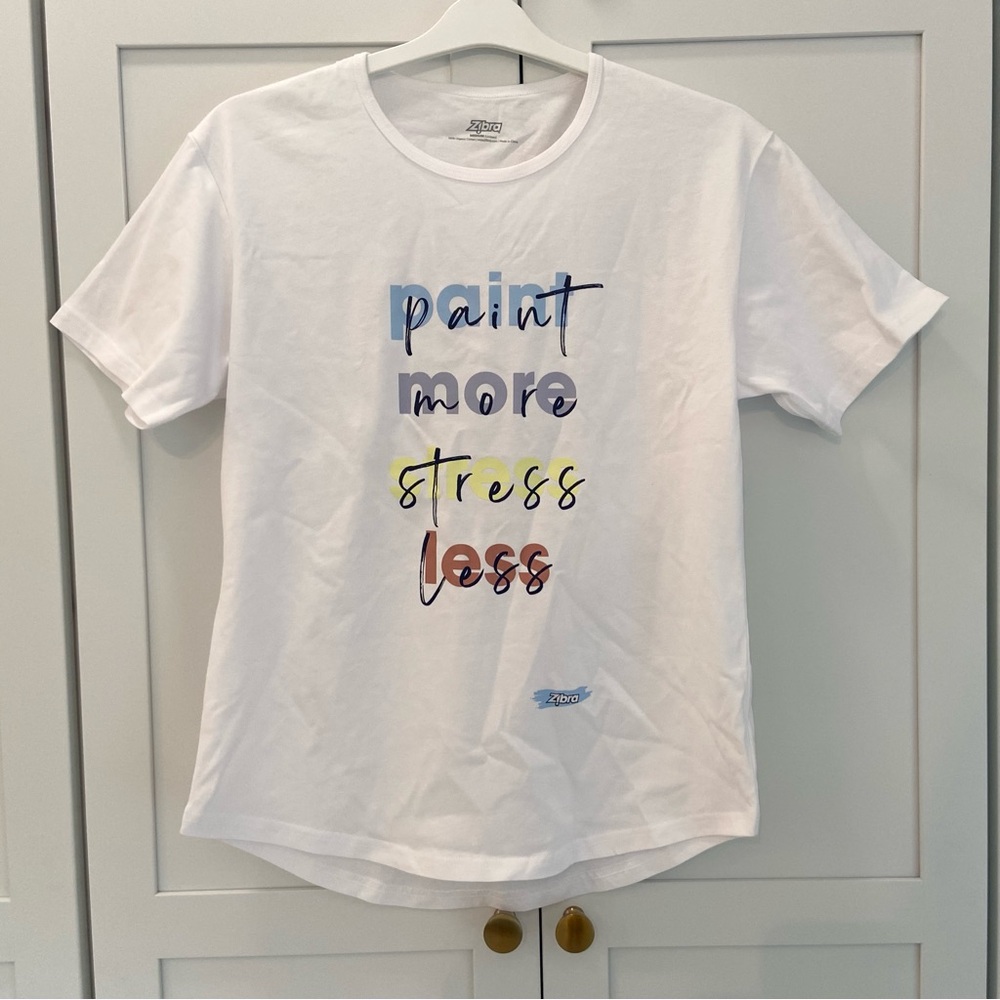White Women’s Short Sleeve TShirt Paint More Stress Less Size M